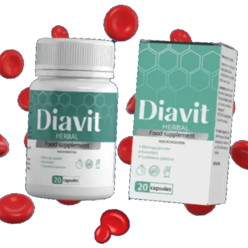 Diavit herbal supplement bottle and box surrounded by red blood cells