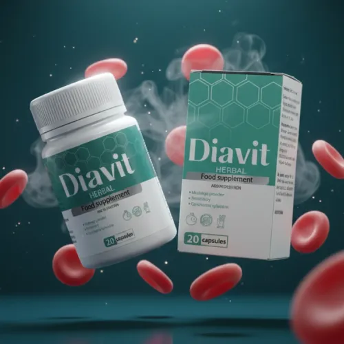 Diavit herbal supplement bottle and box with red blood cells and health concept background